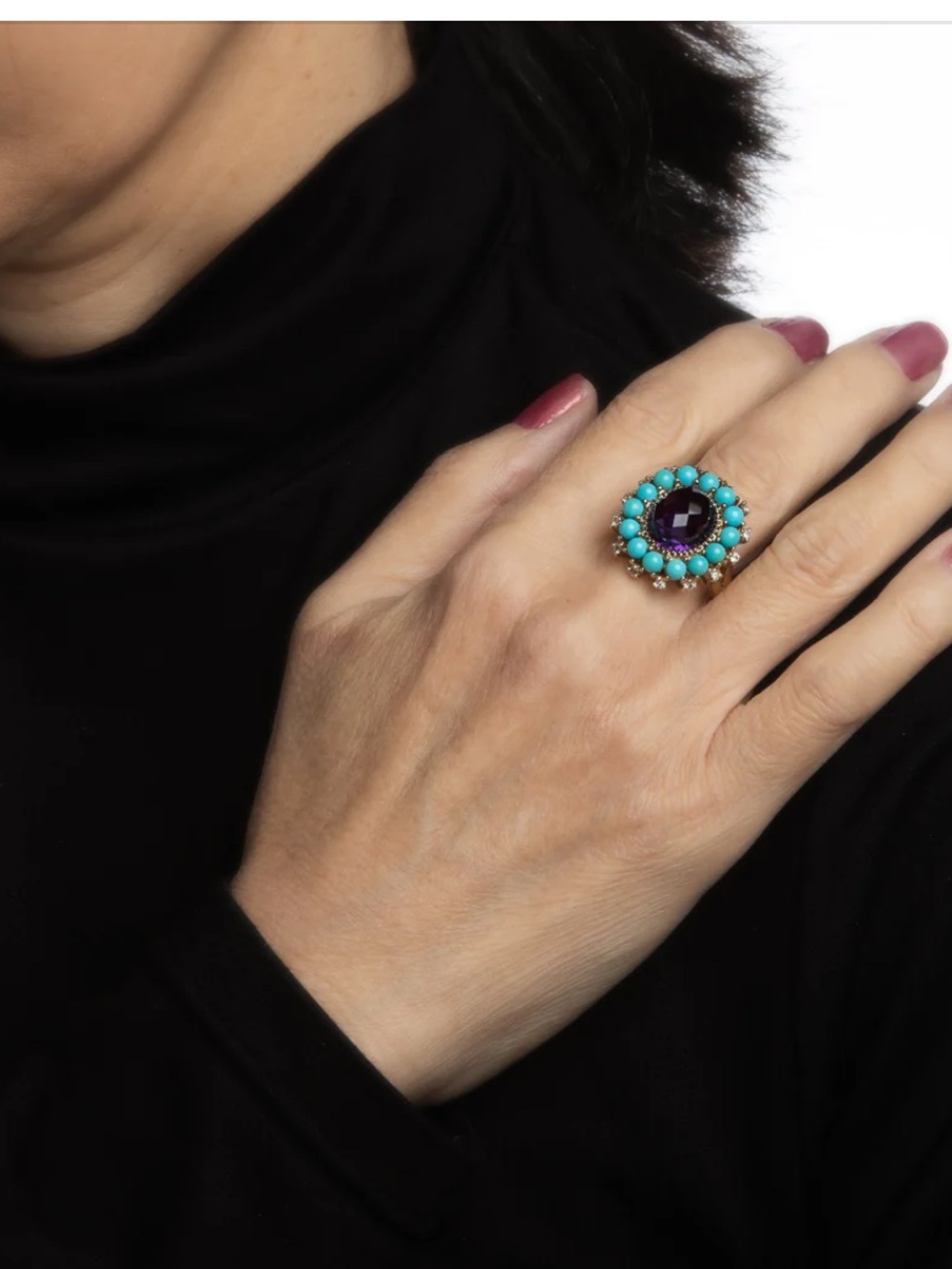 Vintage Amethyst, Turquoise Diamond 10k Yellow Hold Cathedral Cocktail Ring
